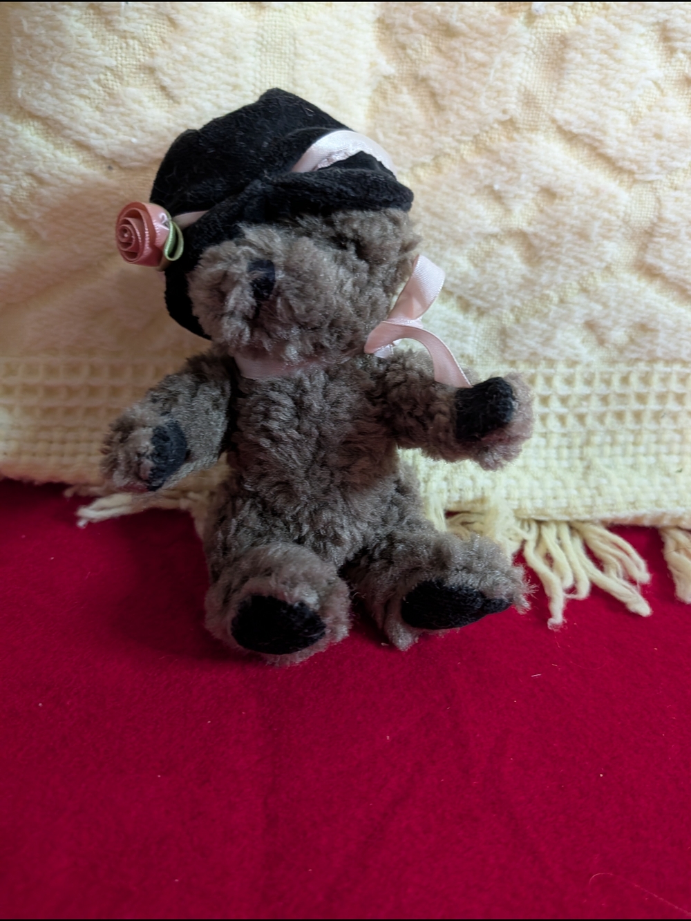 Gray Plush Teddy Bear with Black Hat and Pink Ribbon